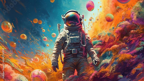 Beautiful painting of an astronaut in a colorful. 