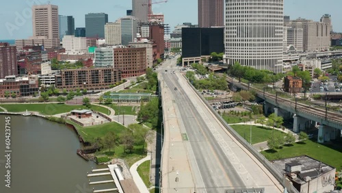 Cleveland Ohio downtown skyline 4K drone dolly forward reveal