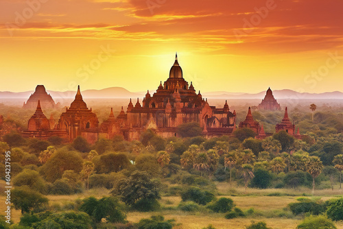 Leinwand Poster The temples of Bagan at sunset,  Myanmar (Burma), Generative AI