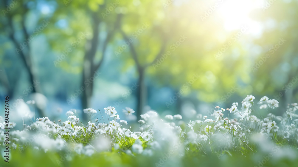 Blurred spring background nature with blooming glade, Generative AI Technology 