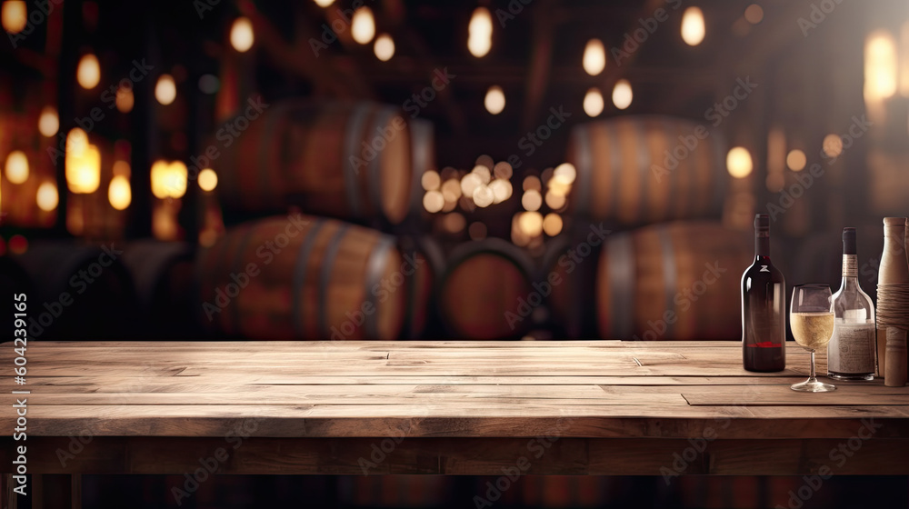 Wooden table with Wine barrels in wine-vaults in order on background Generative AI Wooden table with Wine barrels in wine-vaults in order on background Generative AI