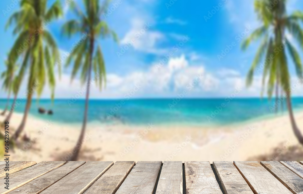 White wooden table top on blur the blue sea or beach.Summer daytime concept.For montage product display or design key visual layout.View of copy space. White wooden table top on blur the blue sea or beach.Summer daytime concept.For montage product display or design key visual layout.View of copy space.