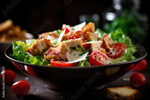 Fresh Caesar salad with rich toppings, presented appealingly