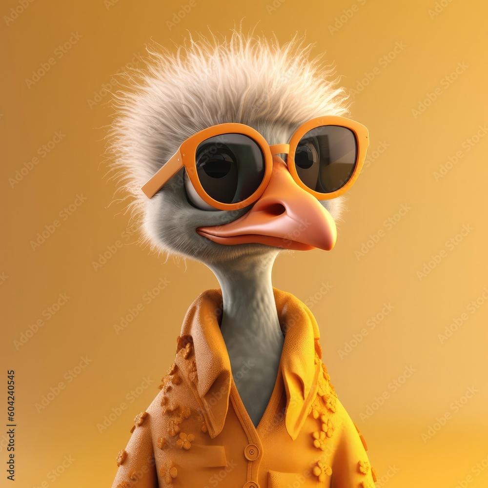 Obraz premium 3D cartoon ostrich portrait wearing clothes, standing in front, studio lights, generative ai