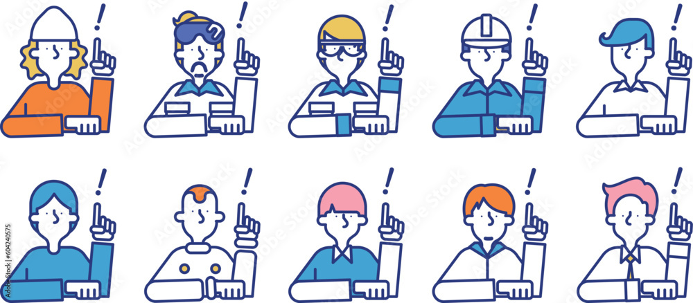 多種多様な職業の男性が閃いているシンプルなアイコンセットA