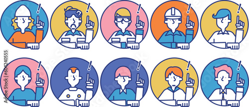 多種多様な職業の男性が閃いているシンプルなアイコンセットA（円形）