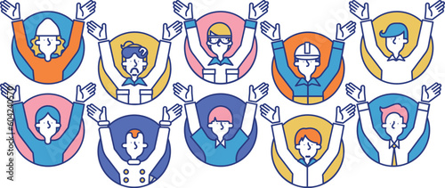 多種多様な職業の男性が万歳をしているシンプルなアイコンセットA（円形）