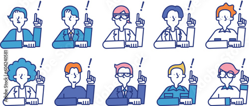 多種多様な職業の男性が閃いているシンプルなアイコンセットB