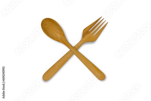 Top view of wooden spoon and fork isolated on white background with clipping path.