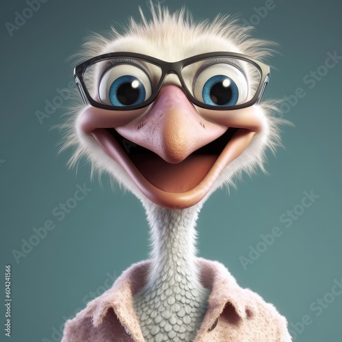 3D cartoon ostrich portrait wearing clothes, standing in front, studio lights, generative ai