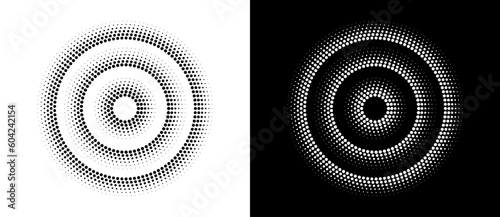 Abstract halftone dotted circles advertising background. Ripple optical illusion effect. Black shape on a white background and the same white shape on the black side.