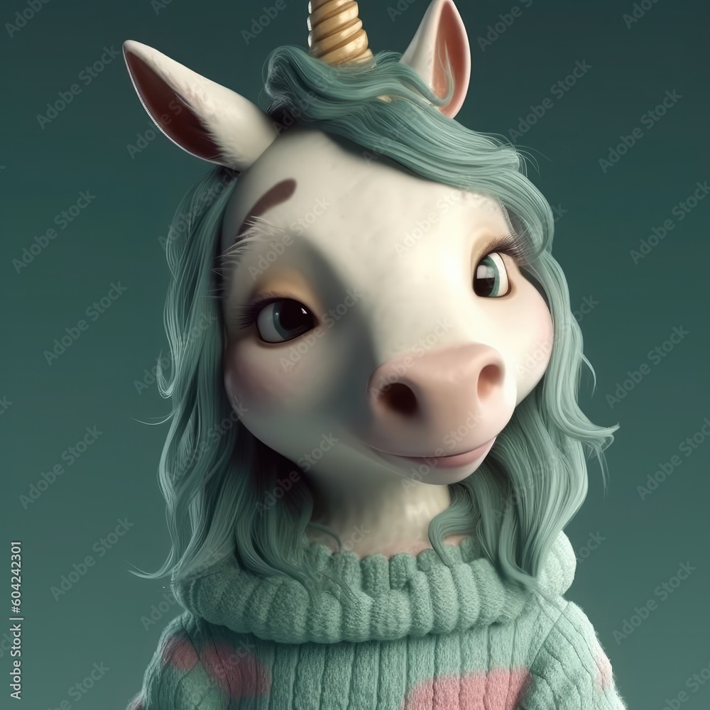 3D cartoon unicorn portrait wearing clothes, standing in front, studio lights, generative ai 3D cartoon unicorn portrait wearing clothes, standing in front, studio lights, generative ai