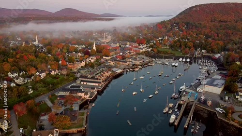 Drone Video of a Foggy Harbor in Autumn