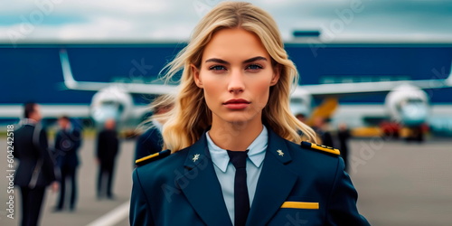 Woman working as a flight attendant in the background of the airport Generative ai photo