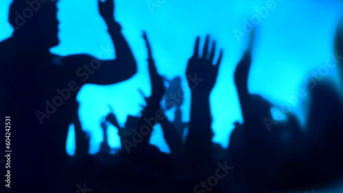 Silhouette of Man with Hands Raised in a Concert or Nightclub Crowd