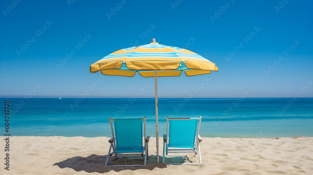  vibrant colors of a beach umbrella and beach chair set up on a sandy shore, with the clear blue ocean in the background