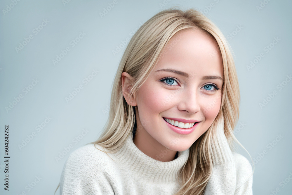 Grown Woman in a white sweater on a white background. Generative AI