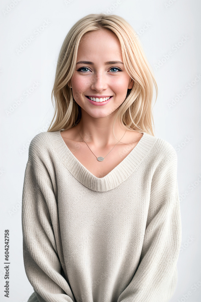 Grown Woman in a white sweater on a white background. Generative AI Grown Woman in a white sweater on a white background. Generative AI