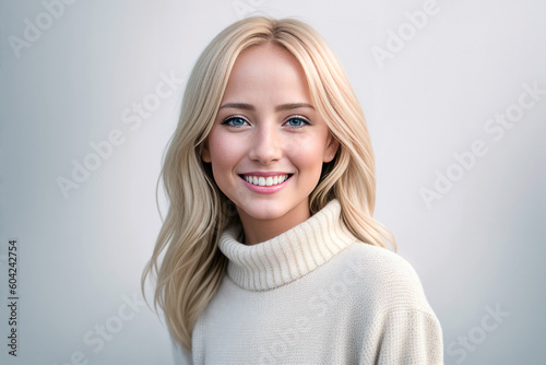 Grown Woman in a white sweater on a white background. Generative AI