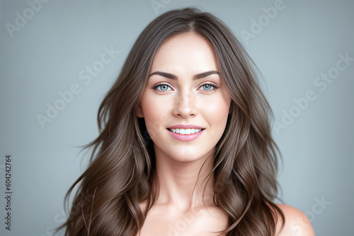 Beautiful woman brunette beauty close-up portrait on gray background. Generative AI