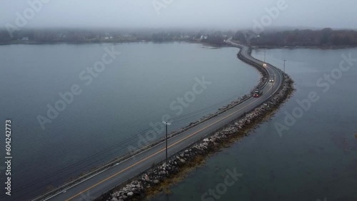 Aerial View of the Deer Isle Causeway in the Fog
