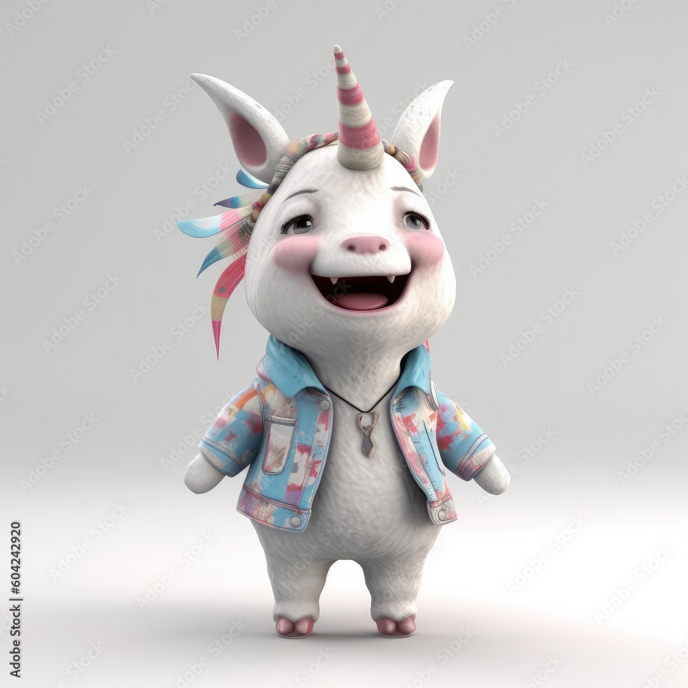 3D cartoon unicorn portrait wearing clothes, standing in front, studio lights, generative ai