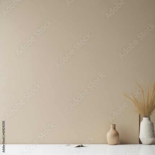 Artistic interior still life. minimal decor concept. Empty beige wall background. Generative Ai