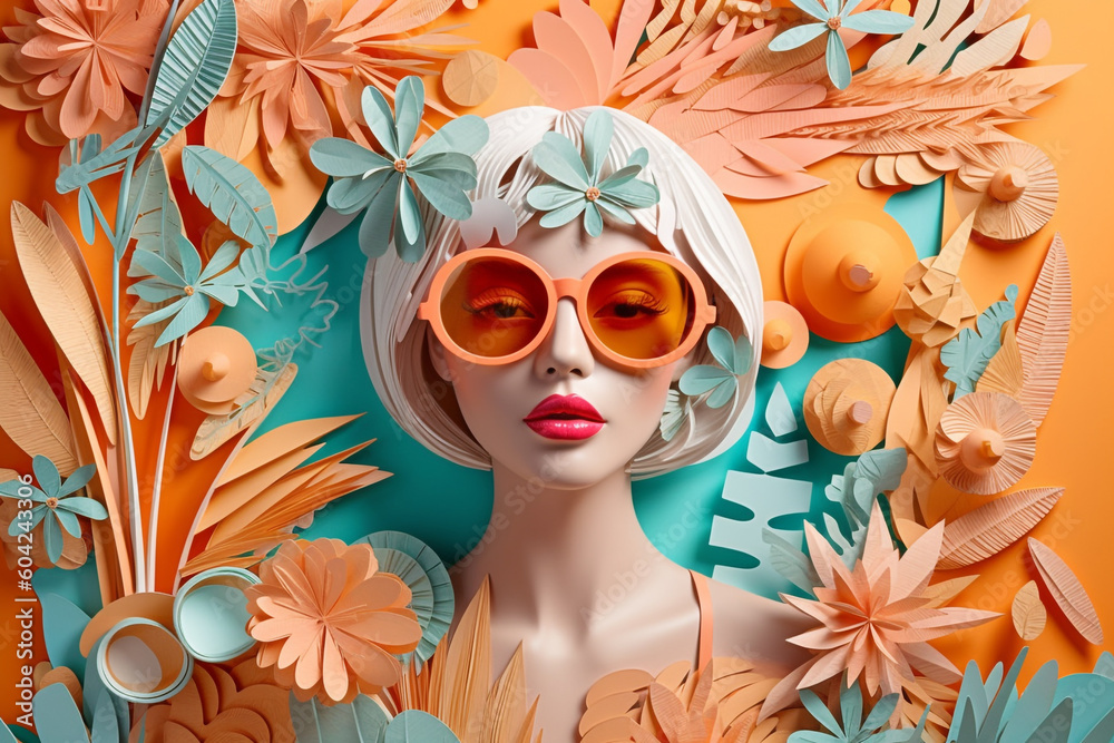 Beaut, fashion, travel, summer and vacation concept. Retro style fashion woman wearing trendy sunglasses portrait illustration. Minimalistic design in 3d paper art style. Generative AI