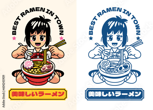 Set Cute Chibi Japanese Girl Logo Eats Ramen Noodle with Japanese text means Delicious Ramen