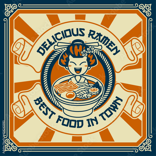 Vintage Design of Delicious Ramen with Geisha Mascot inside