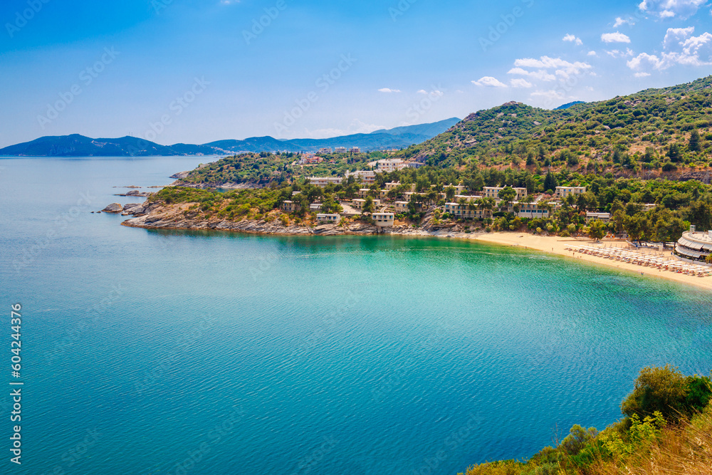 Panorama of Tosca sand beach and blue water near Kavala, Greece, Europe