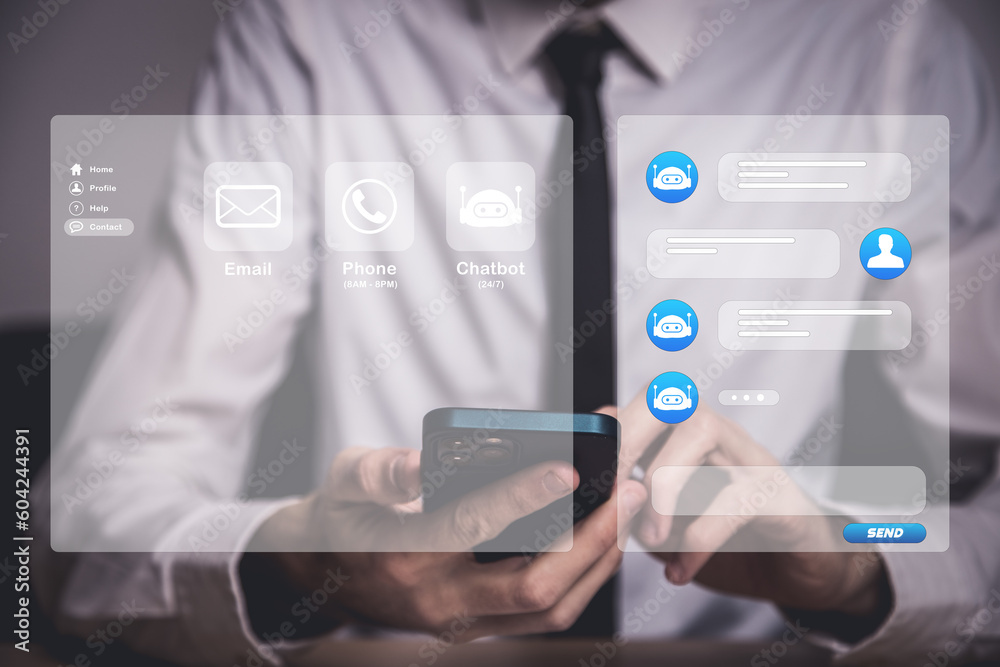 close up man hand use smartphone to contact provider and talk with ai chatbot software program for business marketing concept