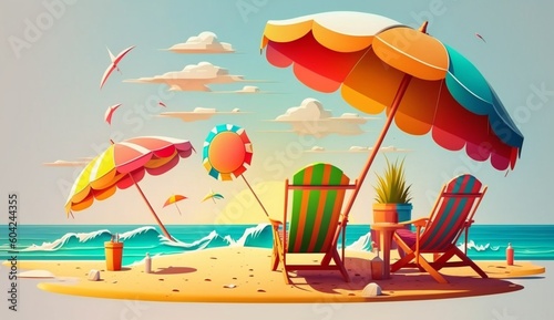 Chairs and umbrella on the beach on island vacation holiday.Generative AI.