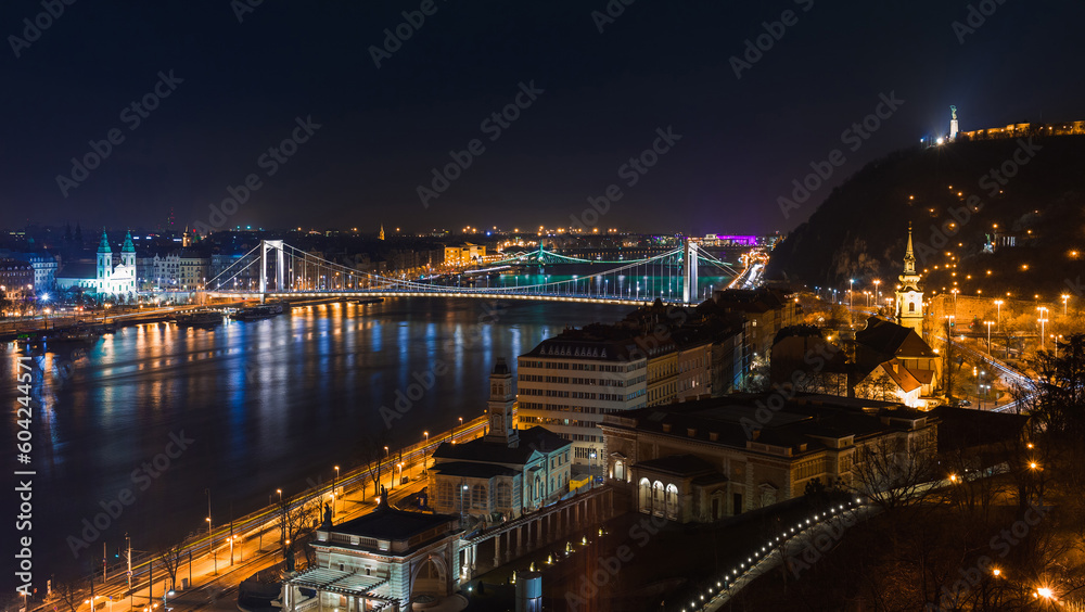 Night view of Budapest, Hungary, Europe. Danube river and bridges