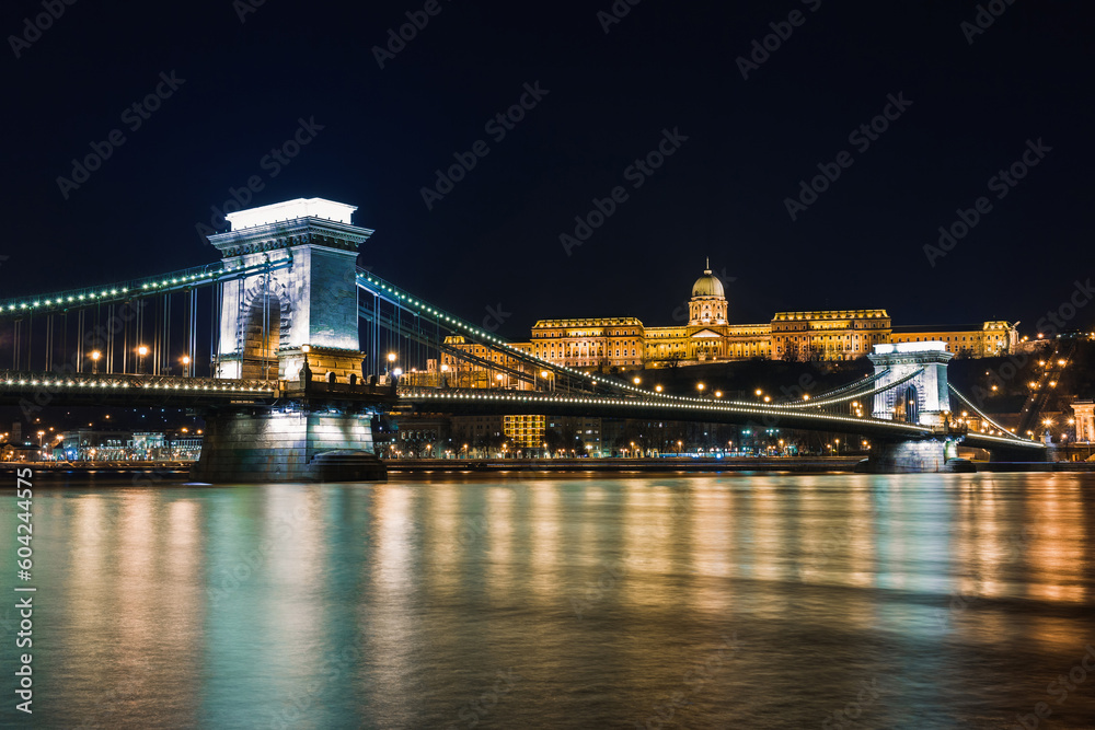 Night view of Budapest, Hungary, Europe. Danube river and bridges