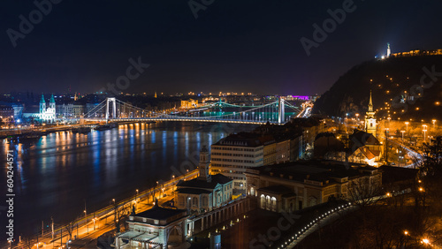 Night view of Budapest, Hungary, Europe. Danube river and bridges