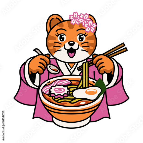 Cute Cat Girl in Japanese Dress Eating Ramen Noodle