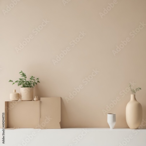 Artistic interior still life. minimal decor concept. Empty beige wall background. Generative Ai