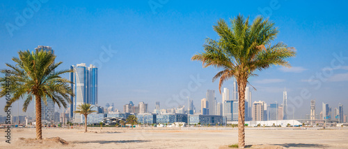 Photography View of Dubai with palm trees and skyscrapers