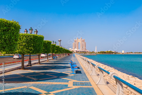 Downtown Abu Dhabi with sea and skyscrapers. Sunny summer in UAE