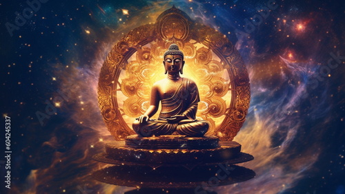 Buddha god generating the cosmos from the center of the galaxy with Generative AI.