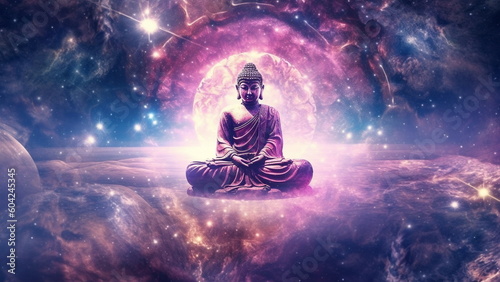 Buddha god generating the cosmos from the center of the galaxy with Generative AI.