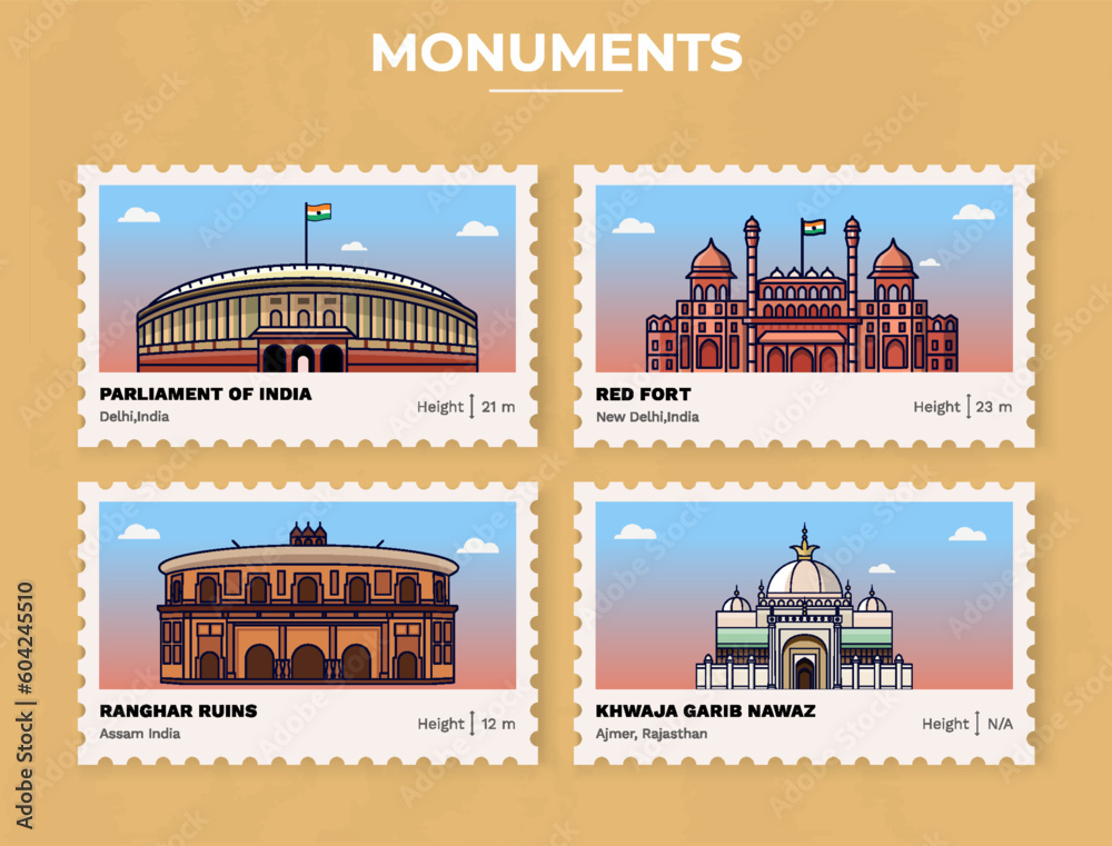 Fototapeta premium Pack of Monuments-Parliament of India, Red Fort, Ranghar Ruins, Khawaja Garib Nawaz Postage Stamp Ticket design with information-vector illustration design