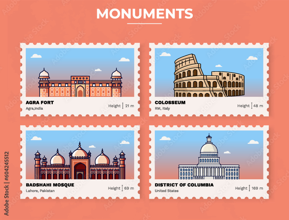 Pack of Monuments-Parliament of India, Agra Fort, Colosseum, Badshahi Mosque, District of Columbia Postage Stamp Ticket design with information-vector illustration design