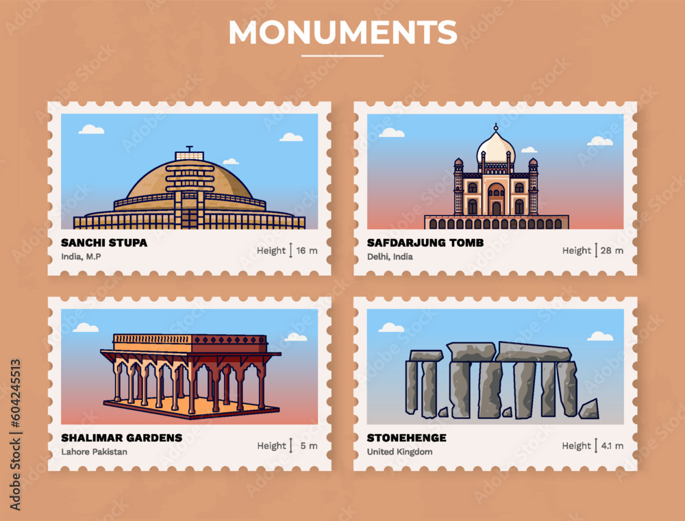 Naklejka premium Pack of Monuments-Sanchi Stupa, Safdarjung Tomb, Shalimar Gardens, Stonehenge Postage Stamp Ticket design with information-vector illustration design