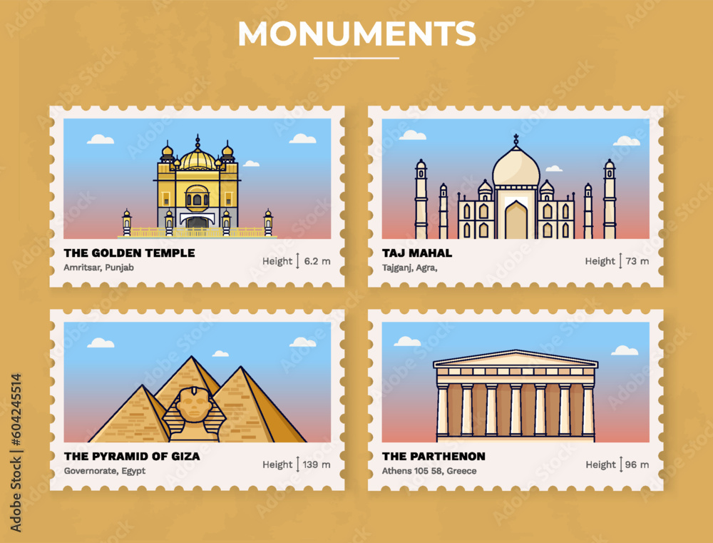Pack of Monuments-The golden temple, Taj Mahal, Pyramid of Giza, The Parthenon Postage Stamp Ticket design with information-vector illustration design Pack of Monuments-The golden temple, Taj Mahal, Pyramid of Giza, The Parthenon Postage Stamp Ticket design with information-vector illustration design