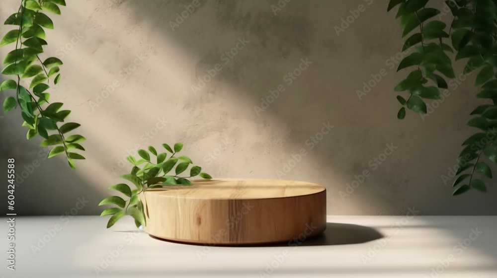 Teak wooden round smooth beautiful grain podium table. Generative AI