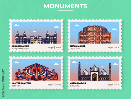 Pack of Monuments-Parliament of India, Janaki Mandir, Hawa Mahal, Jantar Mantar, Jama Masjid Postage Stamp Ticket design with information-vector illustration design