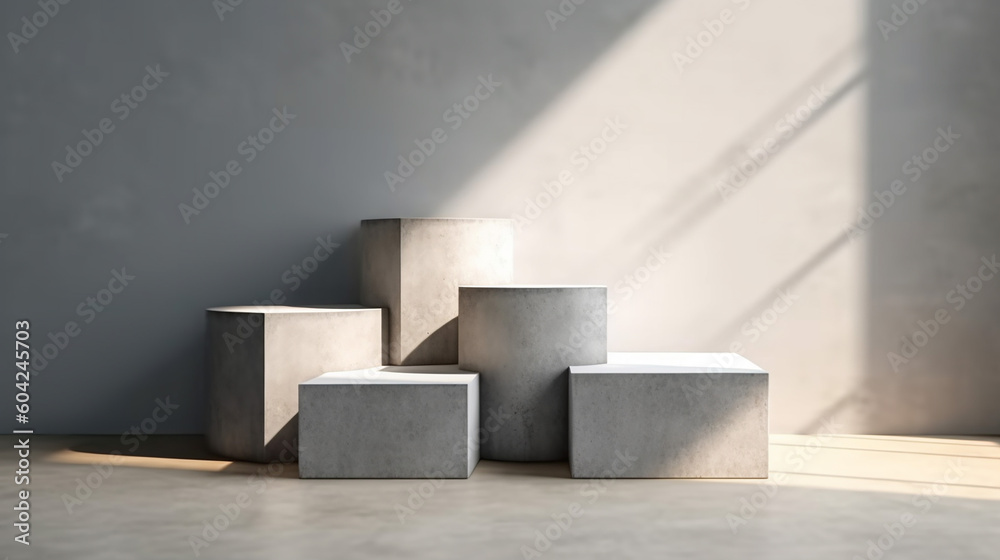 Three square geometric design step concrete podium. Generative AI Three square geometric design step concrete podium. Generative AI