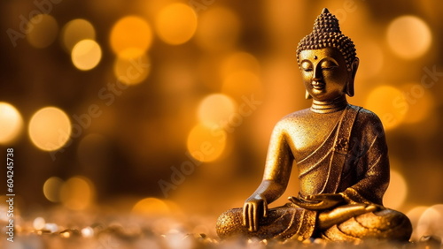 Golden buddha statue on golden background with blurred stardust with Generative AI.
 photo